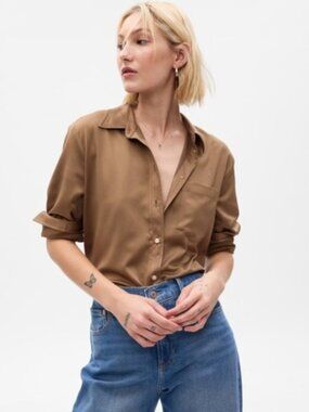 Gap Satin Boyfriend Shirt Button Down Blouse Size Large Taupe Tan